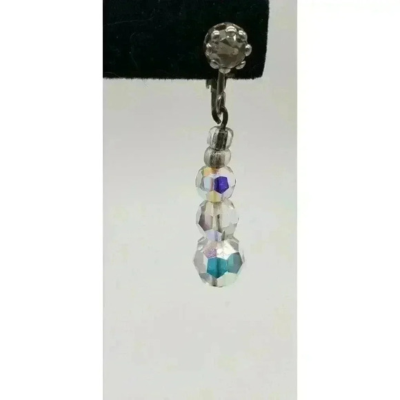 Vintage Earrings Clip Long Dangle Glass Bead Faceted Aurora Borealis AB Prism - Picture 2 of 5